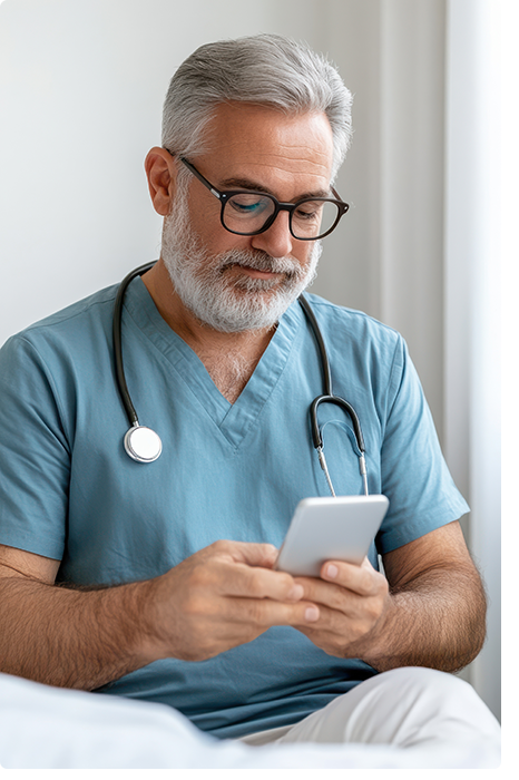 Professionnel de santé utilisant l'application Medimail Instantanée sur son smartphone